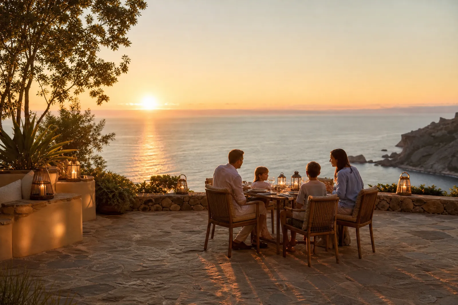 A family laughing at dinner on a seaside terrace at sunset