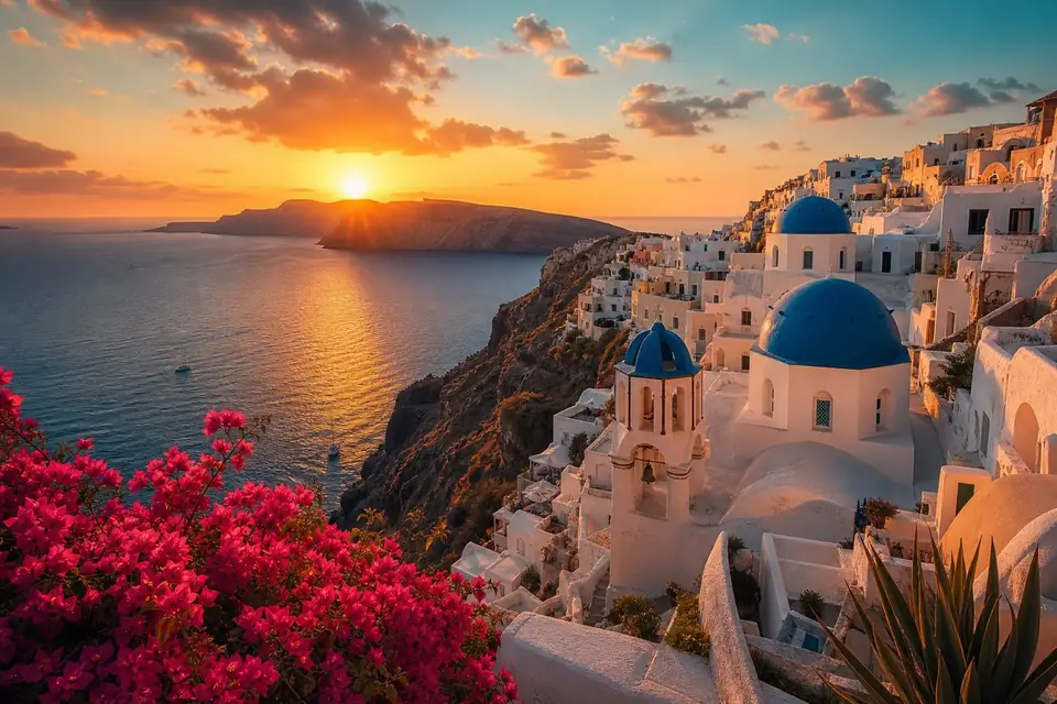 White houses and blue domes above the Aegean sea