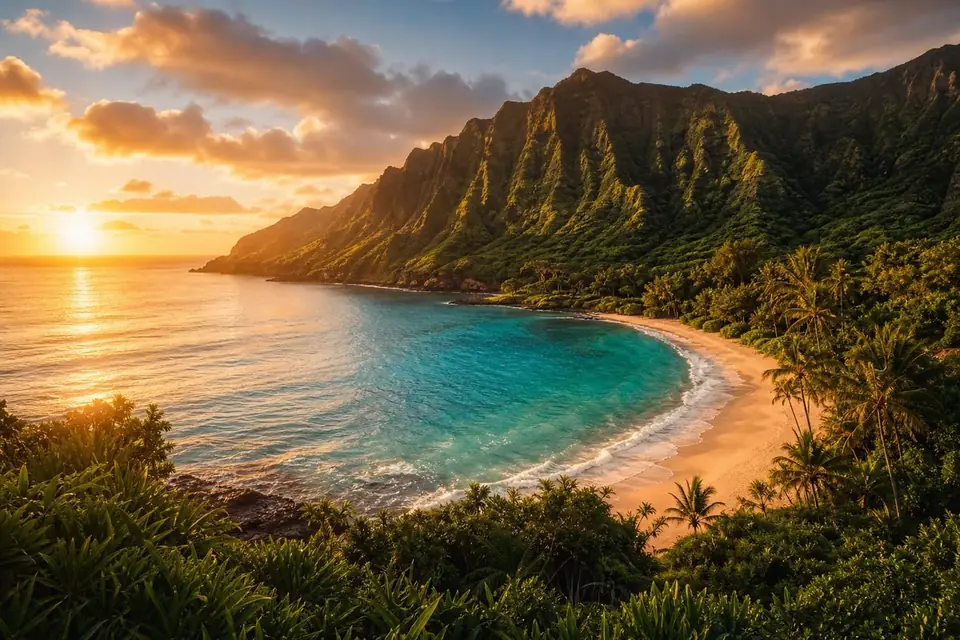 Green Hawaiian cliffs above a turquoise bay
